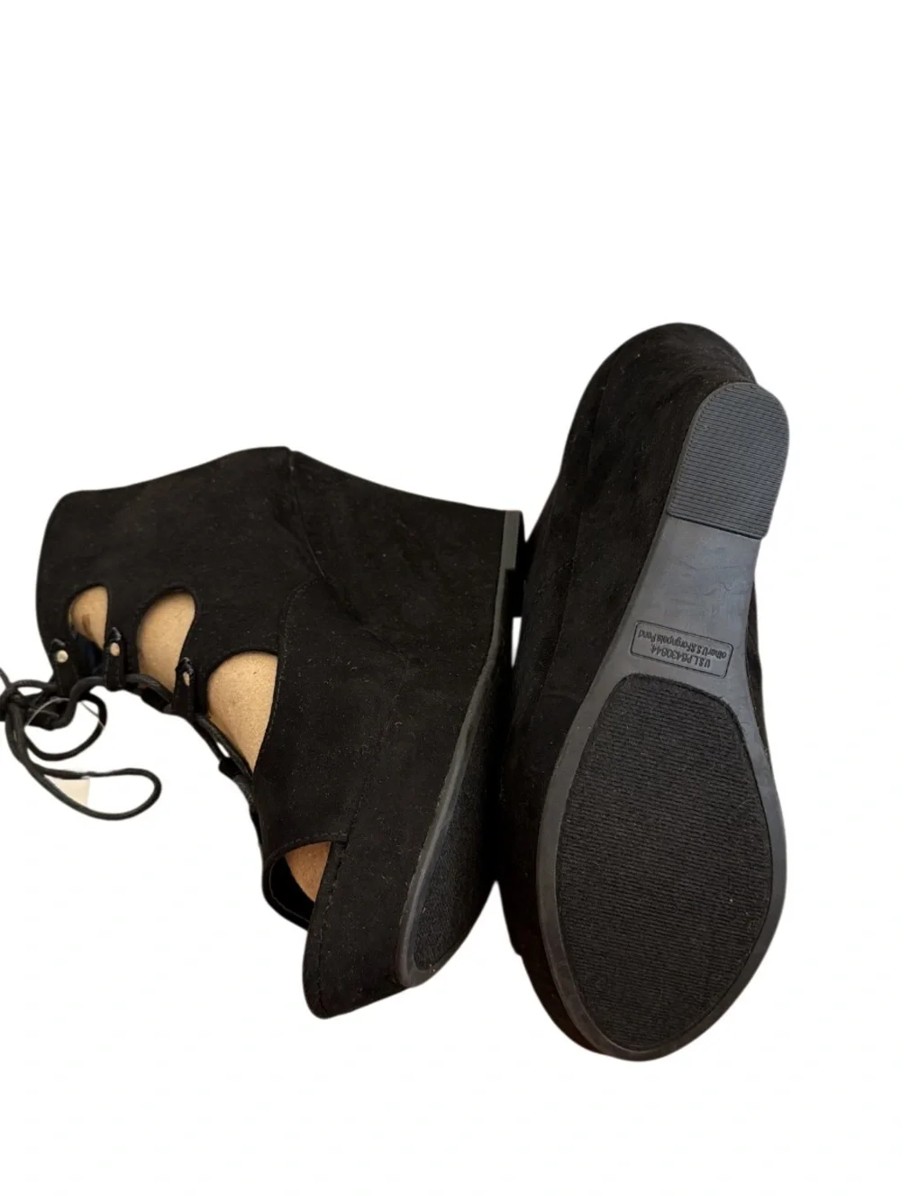 NWT- Sugar Black Suede Lace-Up Peep-Toe Wedges
